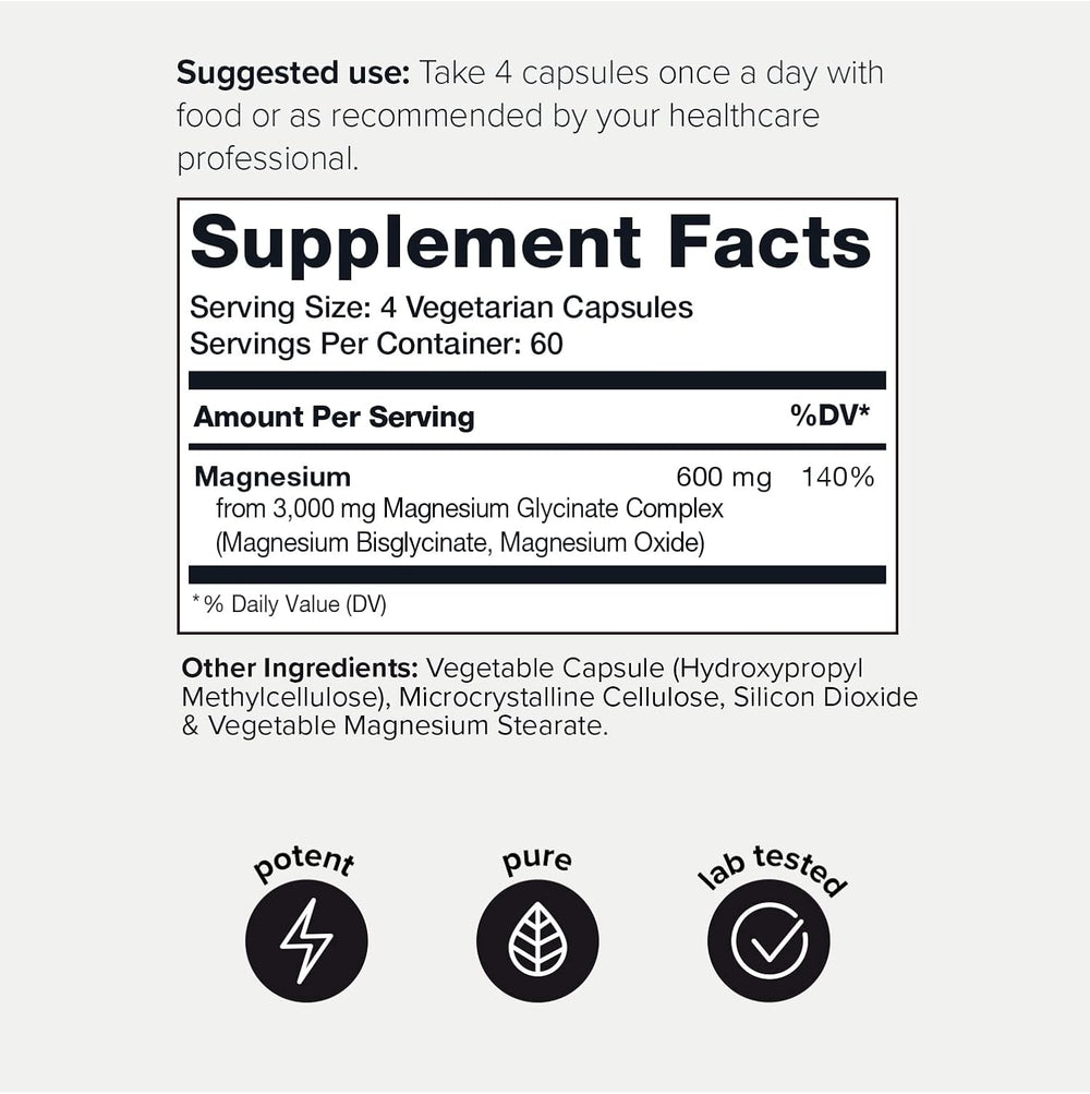 Toniiq 3,000Mg Ultra High Strength Magnesium Glycinate - 20% Purified to Contain 600Mg of Elemental Magnesium - Chelated and Bioavailable Magnesium Supplement - 240 Veggie Capsules
