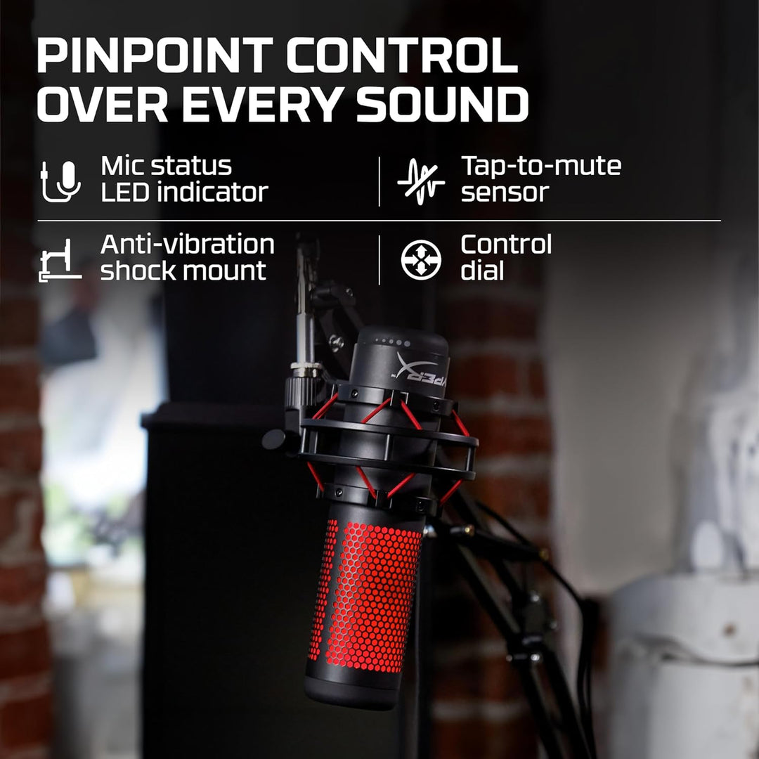Hyperx Quadcast - USB Condenser Gaming Microphone, for PC, PS4, PS5 and Mac, Anti-Vibration Shock Mount, Four Polar Patterns, Pop Filter, Gain Control, Podcasts, Twitch, Youtube, Discord, Red LED