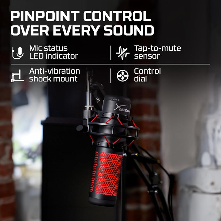 Hyperx Quadcast - USB Condenser Gaming Microphone, for PC, PS4, PS5 and Mac, Anti-Vibration Shock Mount, Four Polar Patterns, Pop Filter, Gain Control, Podcasts, Twitch, Youtube, Discord, Red LED