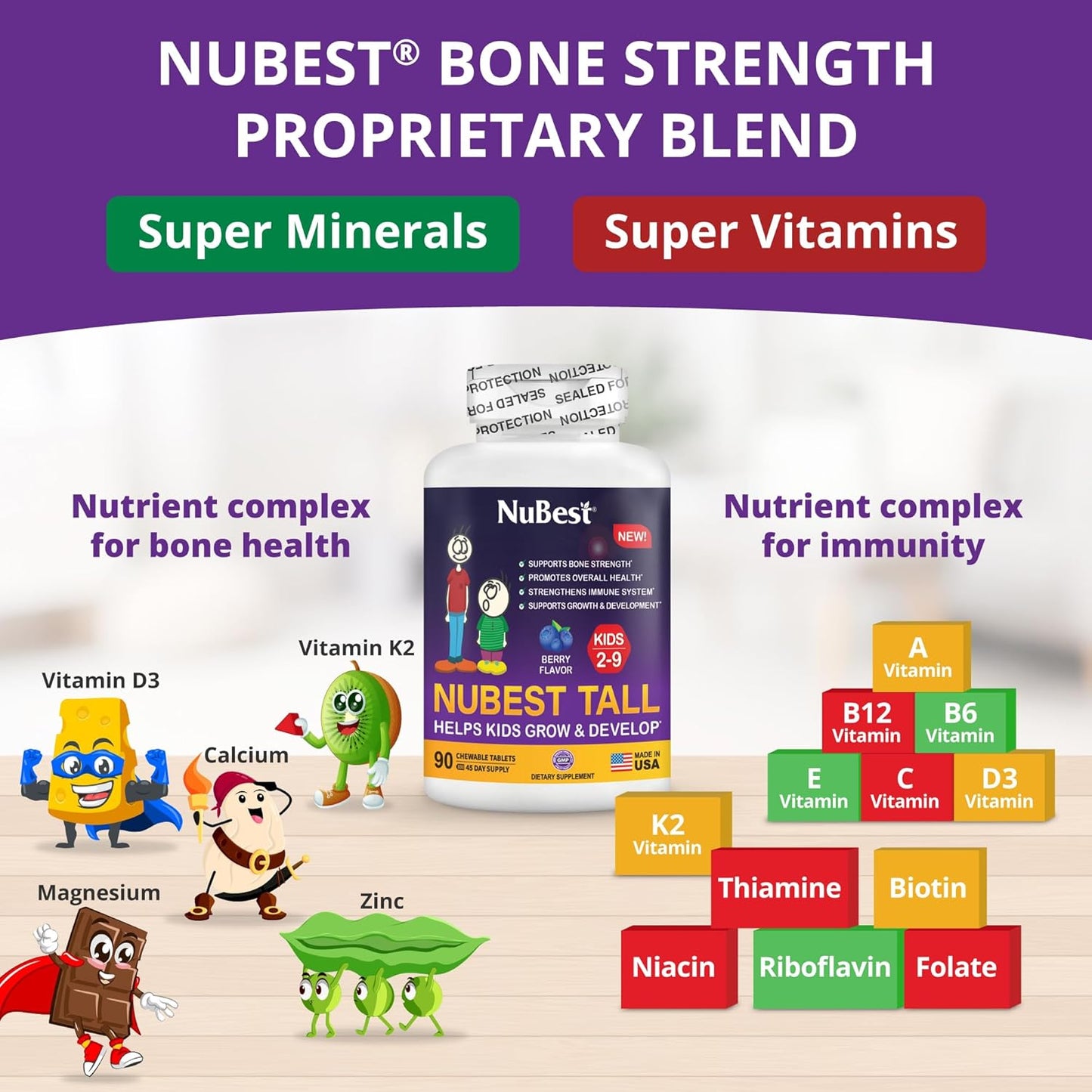 Nubest Tall Kids - Toddlers Vitamins and Kids Vitamins for Age 2 to 9 - Support Bone Strength, Overall Health and Immunity - Animal Shapes - 90 Chewable Berry Tablets | 1.5 Month Supply