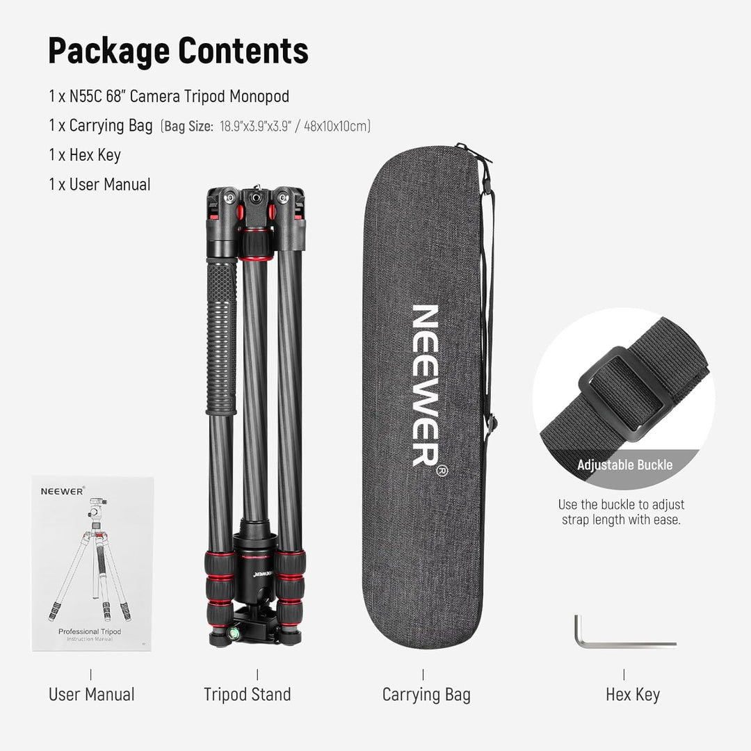 NEEWER 66"/168Cm Carbon Fiber Tripod for Camera with 360° Panorama Ball Head, 1/4" Arca QR Plate, Portable Bag, Compact Travel Tripod Monopod for DSLR Video Camcorder, Max Load 26.5Lb/12Kg, N55C