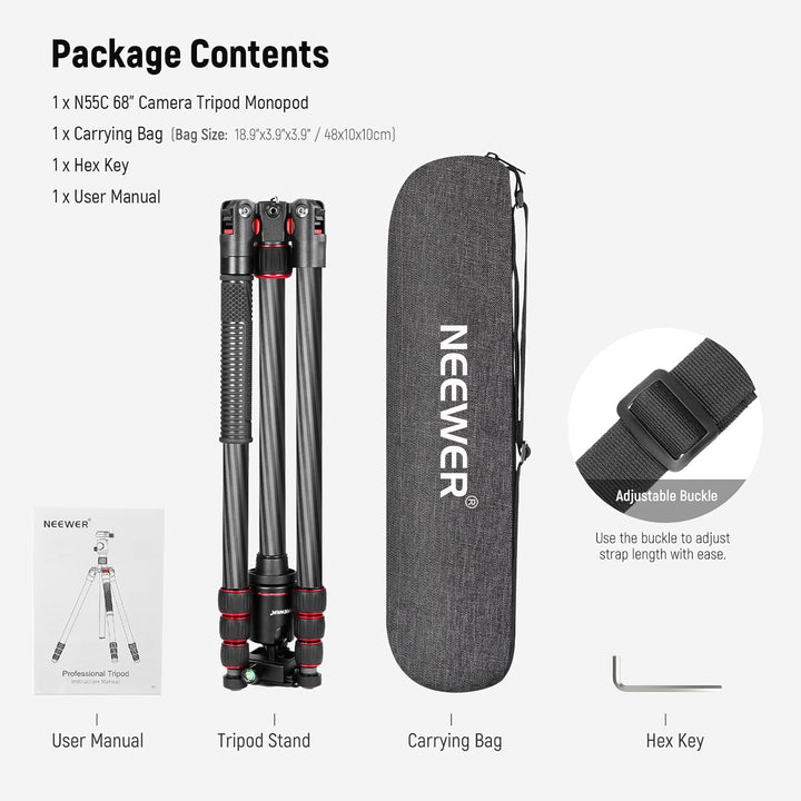 NEEWER 66"/168Cm Carbon Fiber Tripod for Camera with 360° Panorama Ball Head, 1/4" Arca QR Plate, Portable Bag, Compact Travel Tripod Monopod for DSLR Video Camcorder, Max Load 26.5Lb/12Kg, N55C