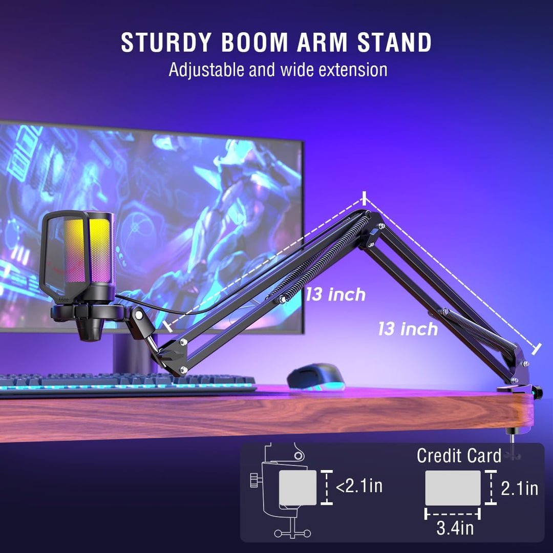 FIFINE Gaming PC USB Microphone, Podcast Condenser Mic with Boom Arm, Pop Filter, Mute Button for Streaming, Twitch, Online Chat, RGB Computer Mic for PC Gamer Youtuber-Ampligame A6T