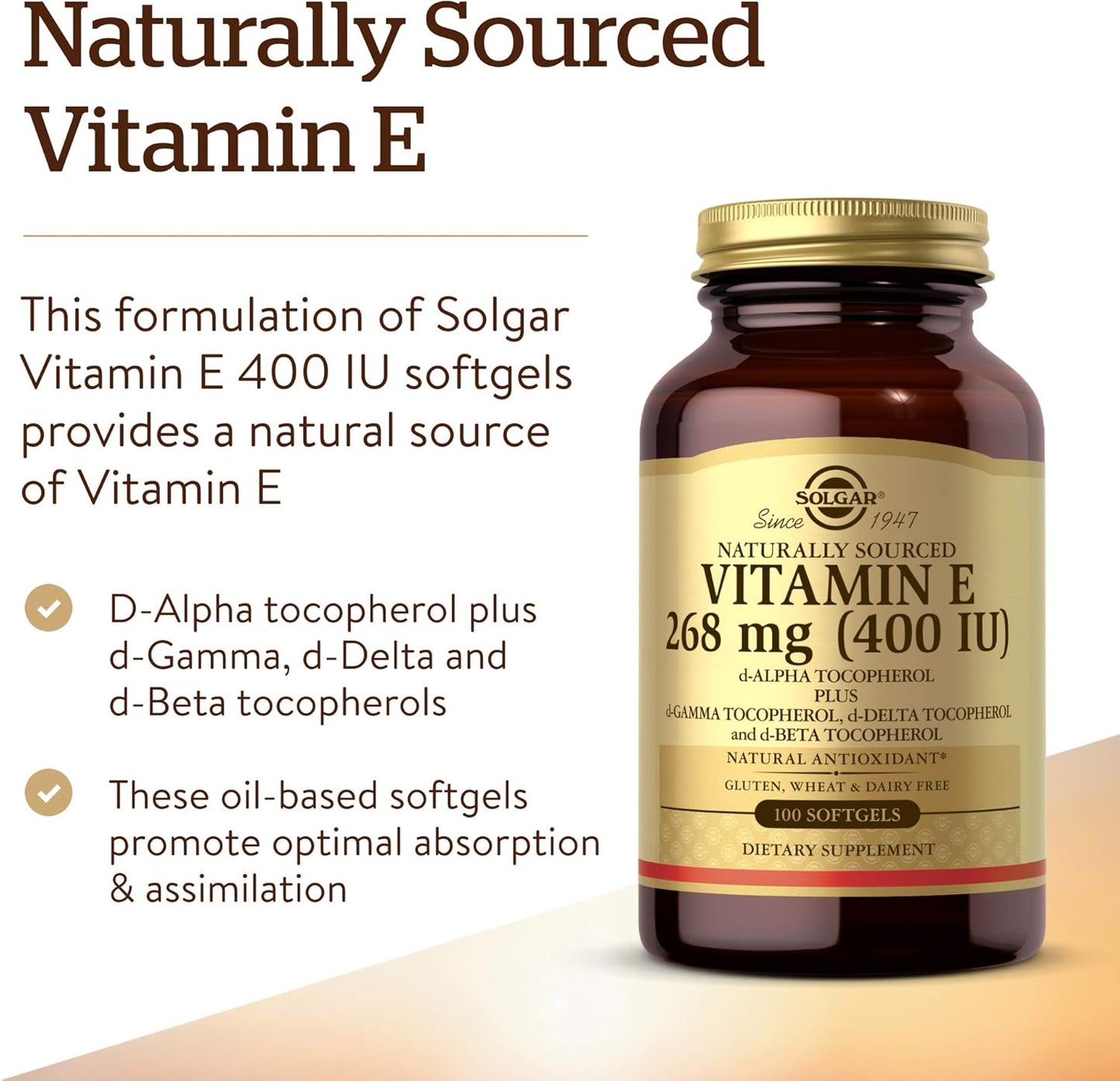 Solgar Vitamin E 268 MG (400 IU) (D-Alpha Tocopherol & Mixed Tocopherols), 100 Softgels - Supports Immune System & Skin Nutrition - Natural Antioxidant - Gluten Free, Dairy Free - 100 Servings