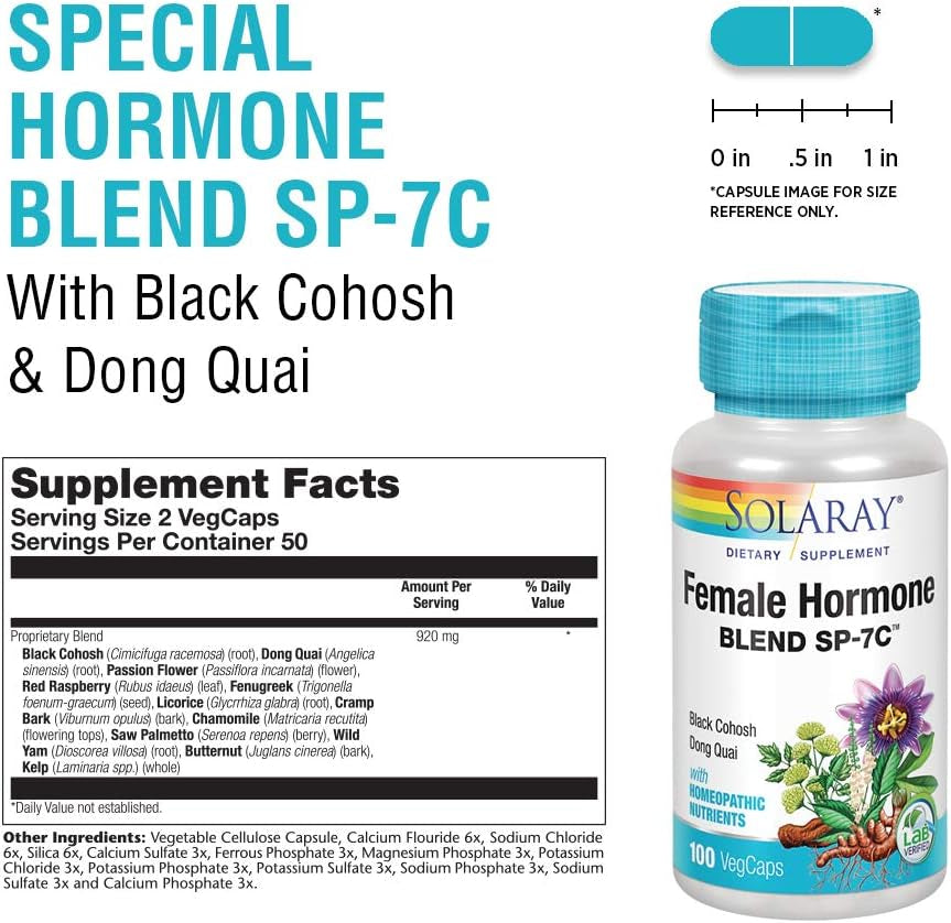 Solaray Female Hormone Blend SP-7C | W/Black Cohosh, Dong Quai, Passion Flower, Wild Yam & More | 100 Vegcaps, 50 Serv.