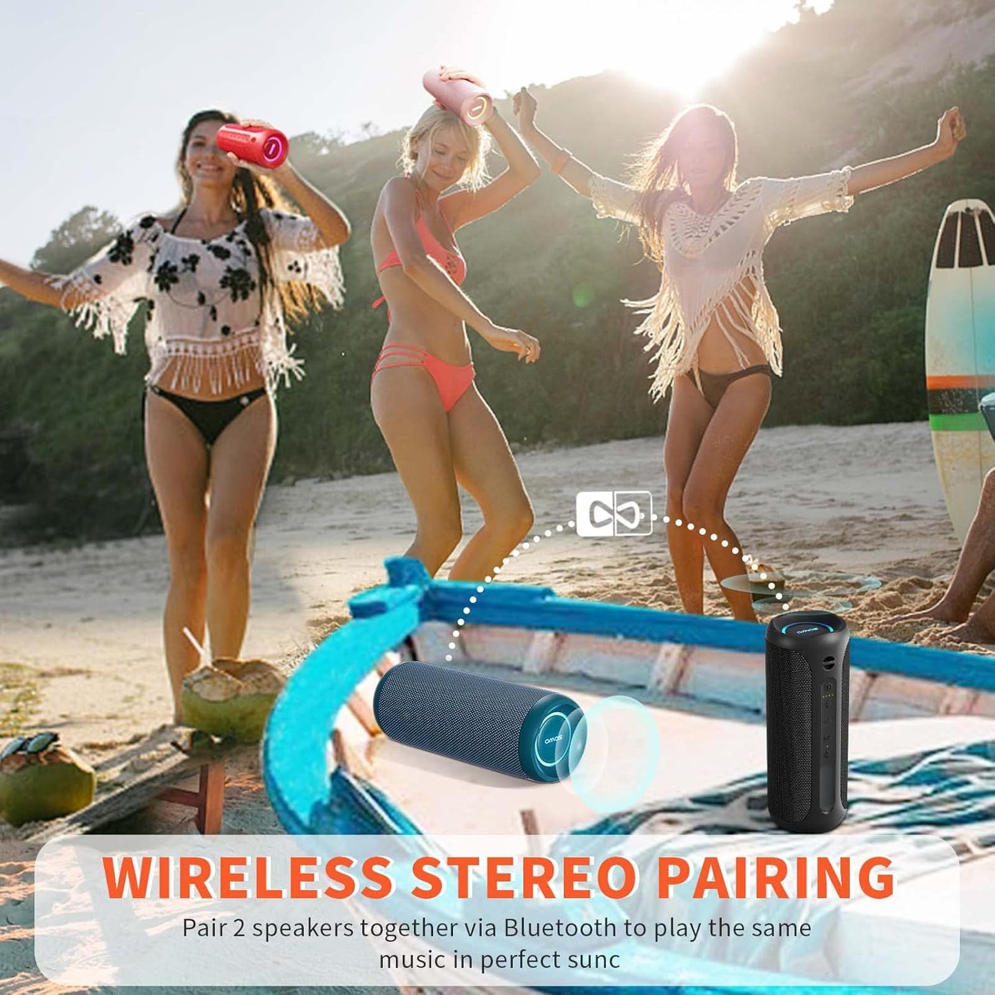 Portable Speaker, Wireless Bluetooth Speaker, IPX7 Waterproof, 25W Loud Stereo Sound, Bassboom Technology, TWS Pairing, Built-In Mic, 16H Playtime with Lights for Home Outdoor - Black