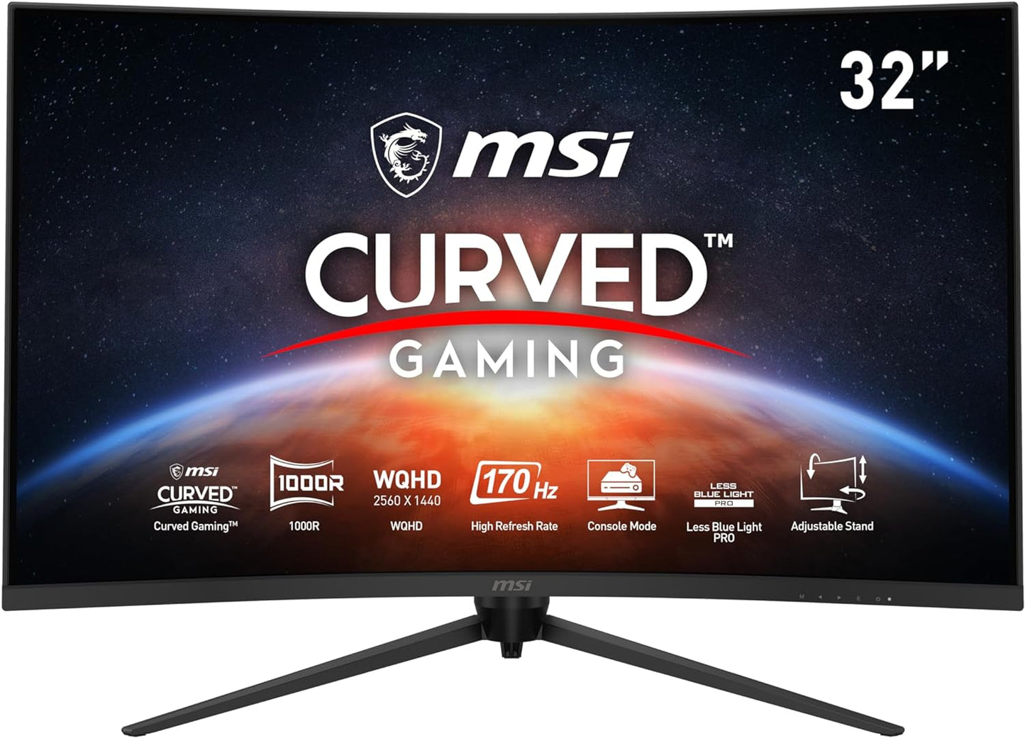 MSI G321CQP E2, 32" Gaming Monitor, 2560 X 1440 (QHD) Curved Gaming Monitor, 1 Ms, 170Hz, Freesync Premium, 1000R, HDMI, Displayport, Tilt, Swivel, Pivot and Height Adjustable.