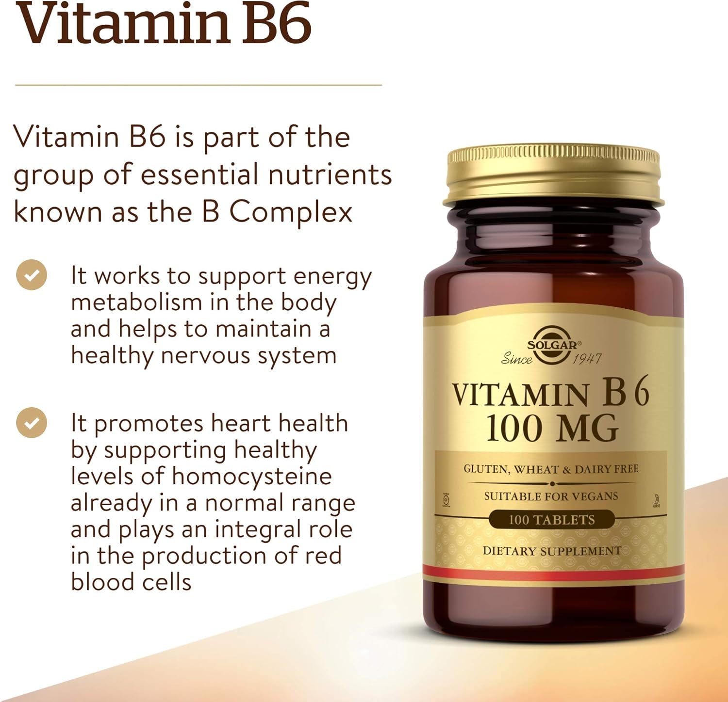 Solgar Vitamin B6 100 Mg, 100 Tablets - Supports Energy Metabolism, Heart Health & Healthy Nervous System - B Complex Supplement - Vegan, Gluten Free, Dairy Free, Kosher - 100 Servings