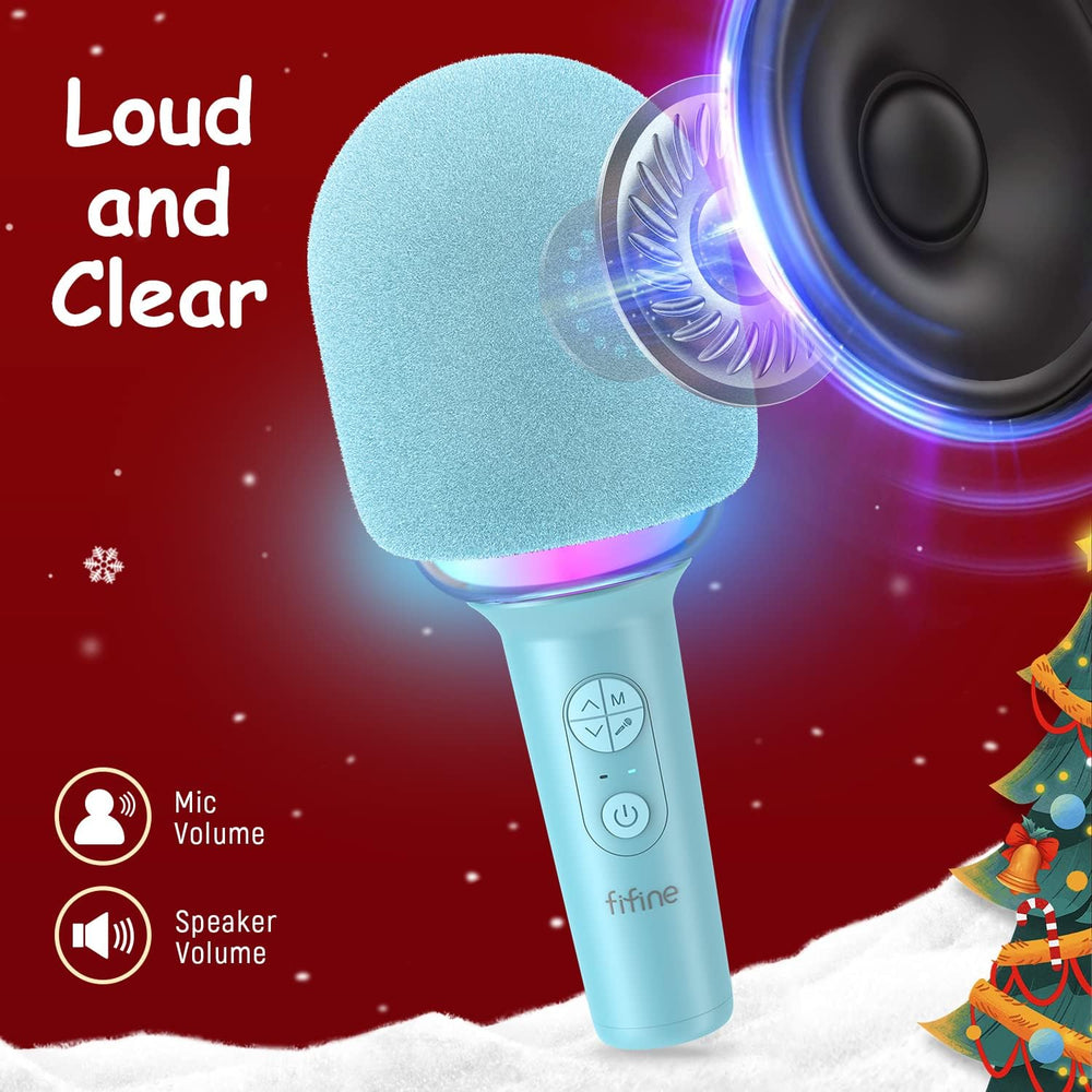 FIFINE Wireless Bluetooth Karaoke Microphone with Built-In Speaker, Portable Singing Microphone for Kids Adults Party Gifts with RGB LED Lights, Magic Voice, for Phone-Amplising E2 Blue
