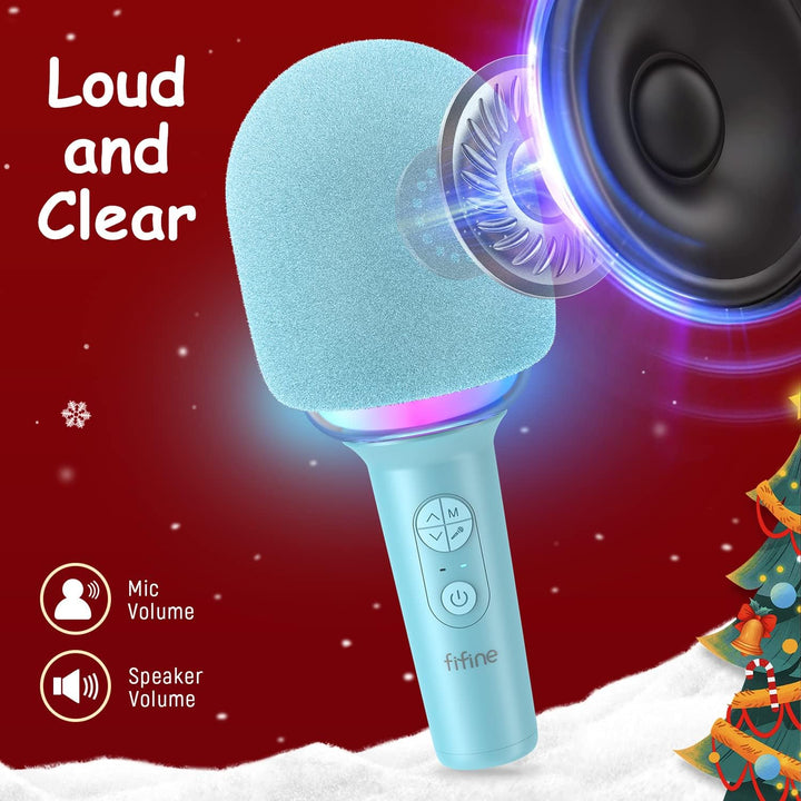 FIFINE Wireless Bluetooth Karaoke Microphone with Built-In Speaker, Portable Singing Microphone for Kids Adults Party Gifts with RGB LED Lights, Magic Voice, for Phone-Amplising E2 Blue