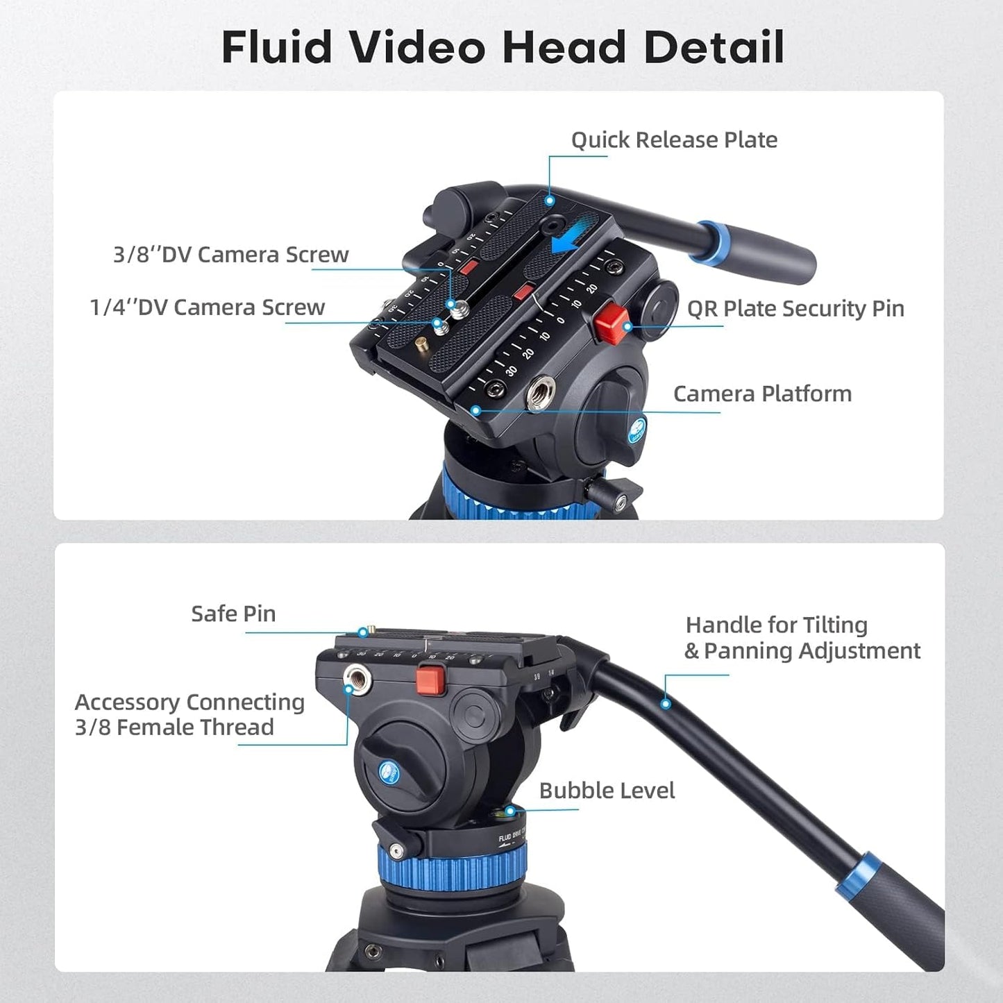 SIRUI AM-25S Video Tripod, 74.8" Professional Heavy Duty Tripod with Adjustable Damping Fluid Head for Camcorder, Cameras, DSLR, 360° Pan & +90°/-75° Tilt, Quick Release Plate, Max Load 22.0Lb