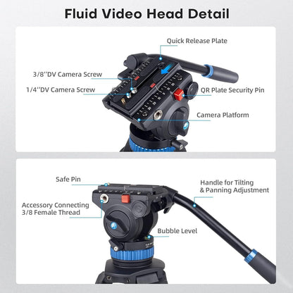 SIRUI AM-25S Video Tripod, 74.8" Professional Heavy Duty Tripod with Adjustable Damping Fluid Head for Camcorder, Cameras, DSLR, 360° Pan & +90°/-75° Tilt, Quick Release Plate, Max Load 22.0Lb