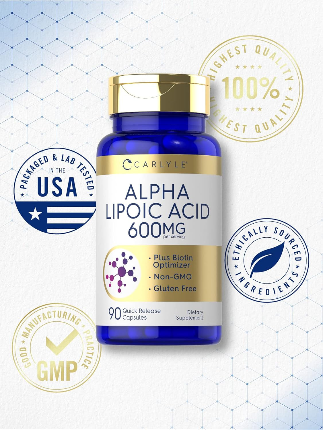 Carlyle Alpha Lipoic Acid 600Mg | plus Biotin Optimizer | 90 Capsules | Non-Gmo & Gluten Free Supplement