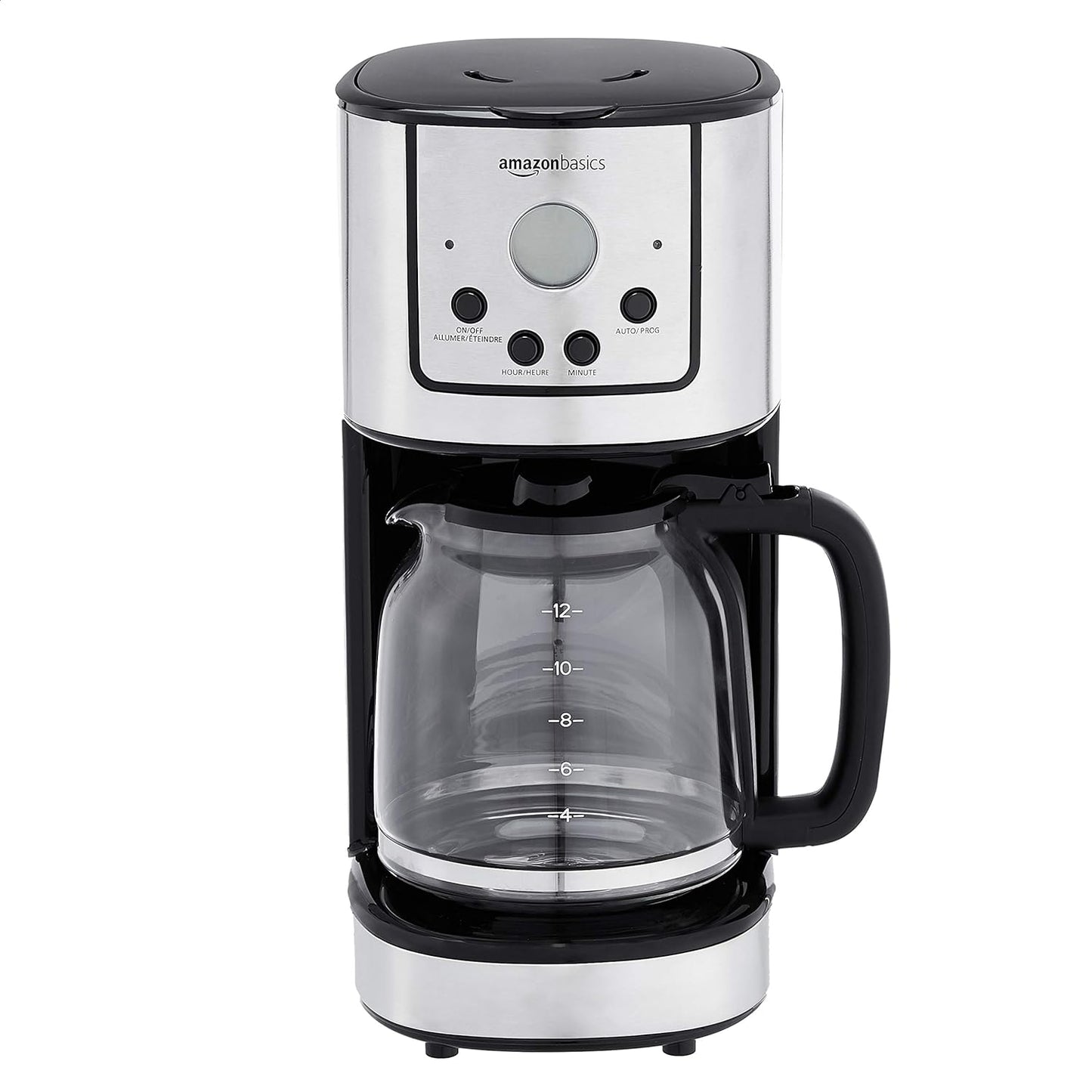 Amazon Basics Programmable Coffee Maker with Drip-Free Carafe and Reusable Filter, Timer for Automatic Brewing, Over-Heat Protection, Keep-Warm Function, Stainless Steel, 12 Cups, Black