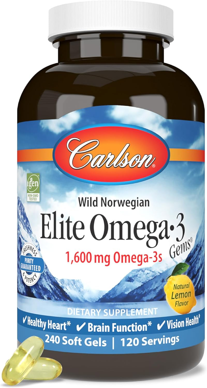 Carlson - Elite Omega-3 Gems, 1600 Mg Omega-3 Fatty Acids Including EPA and DHA, Norwegian, Wild-Caught Fish Oil Supplement, Sustainably Sourced Omega 3 Fish Oil Capsules, Lemon, 240 Softgels