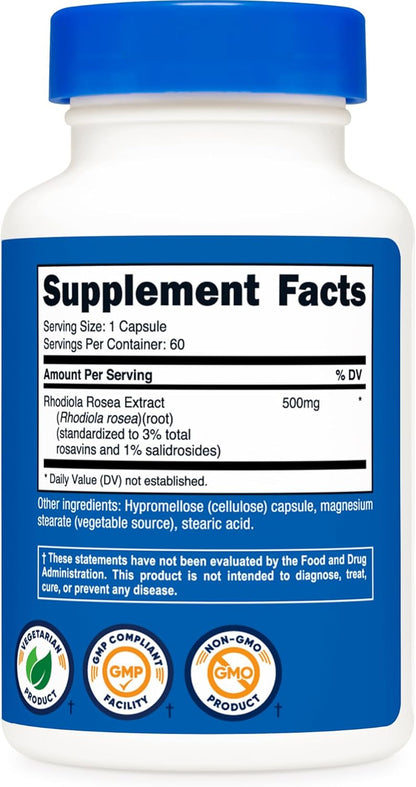 Nutricost Rhodiola Rosea 500Mg, 60 Vegetarian Capsules - Gluten Free and Non-Gmo Rhodiola Rosea Supplement