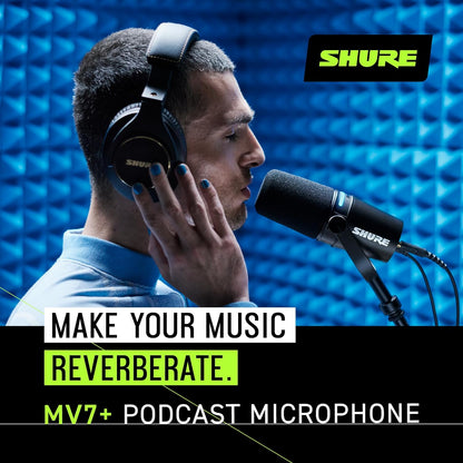 Shure MV7+ Podcast Dynamic Microphone. OBS Certified, Enhanced Audio, LED Touch Panel, USB-C & XLR Outputs, Auto Level Mode, Digital Pop Filter, Reverb Effects, Podcasting, Streaming, Recording -Black