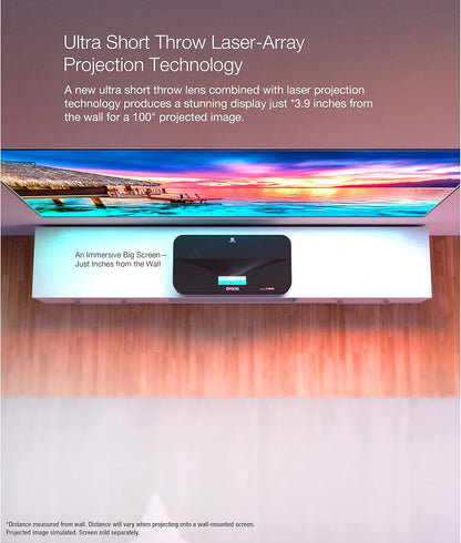 Epson Epiqvision Ultra LS800 Ultra Short Throw 3-Chip 3LCD Smart Streaming Laser Projector, 4,000 Lumens, 4K PRO-UHD, HDR, 150", Android TV, 2.1Ch Yamaha Built-In Speakers - Black