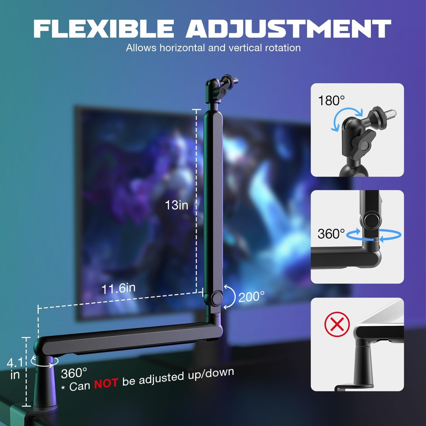 FIFINE Microphone Boom Arm, Low Profile Adjustable Stick Microphone Arm Stand with Desk Mount Clamp, Screw Adapter, Cable Management, for Podcast Streaming Gaming Studio-Bm88