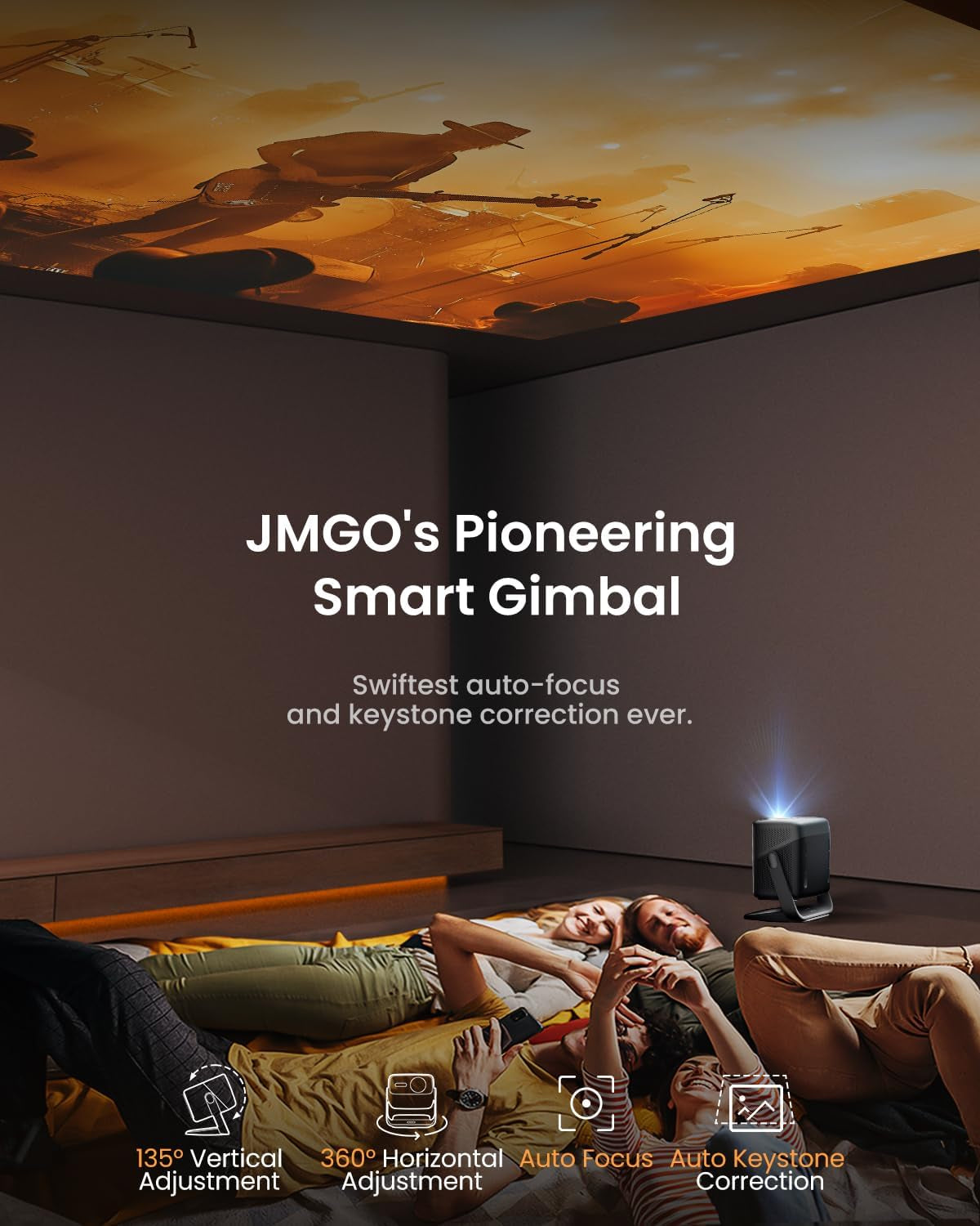 JMGO N1S Pro Triple Laser 4K Projector with Wifi and Bluetooth, 2250 ISO Lumens, 1600:1 Contrast, Netflix, GTV, 360° Real-Time Auto Focus, 180", HDR10, Dolby Digital Plus, Portable for Home Outdoor