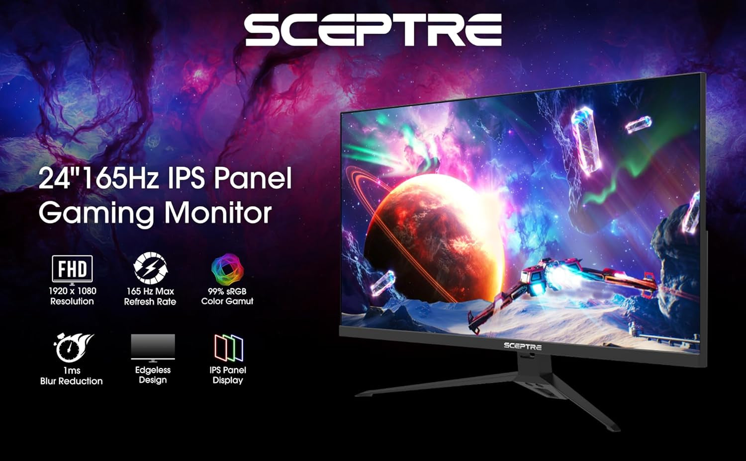 Sceptre IPS 24” Gaming Monitor 165Hz 144Hz Full HD (1920 X 1080) Freesync Eye Care FPS RTS Displayport HDMI Build-In Speakers, Machine Black 2020 (E248B-FPT168),IPS 24" 165Hz