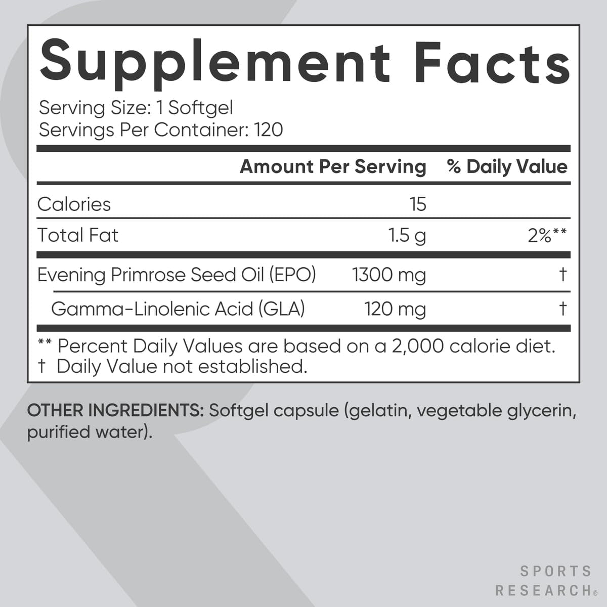 Sports Research Evening Primrose Supplement from Cold Pressed Oil - Softgels for Women’S Health & Skin Health - Gluten Free & Non-Gmo GLA - High Potency 1300Mg, 120 Count