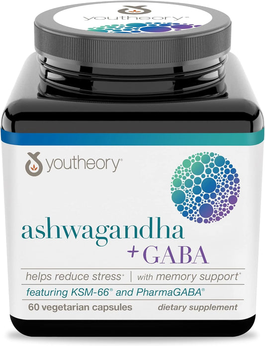 Youtheory Ashwagandha + GABA - 1,000 Mg Ashwagandha & 100 Mg GABA - Cortisol, Stress & Memory Support Supplement - 60 Vegetarian Capsules