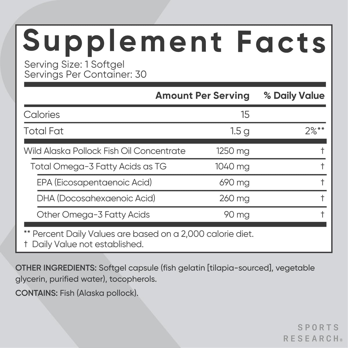 Sports Research Triple Strength Omega 3 Fish Oil 1250Mg from Wild Alaska Pollock - Burpless Fish Oil Supplement with Omega3S EPA & DHA - Sustainably Sourced, Non-Gmo, Gluten Free - 30 Softgels