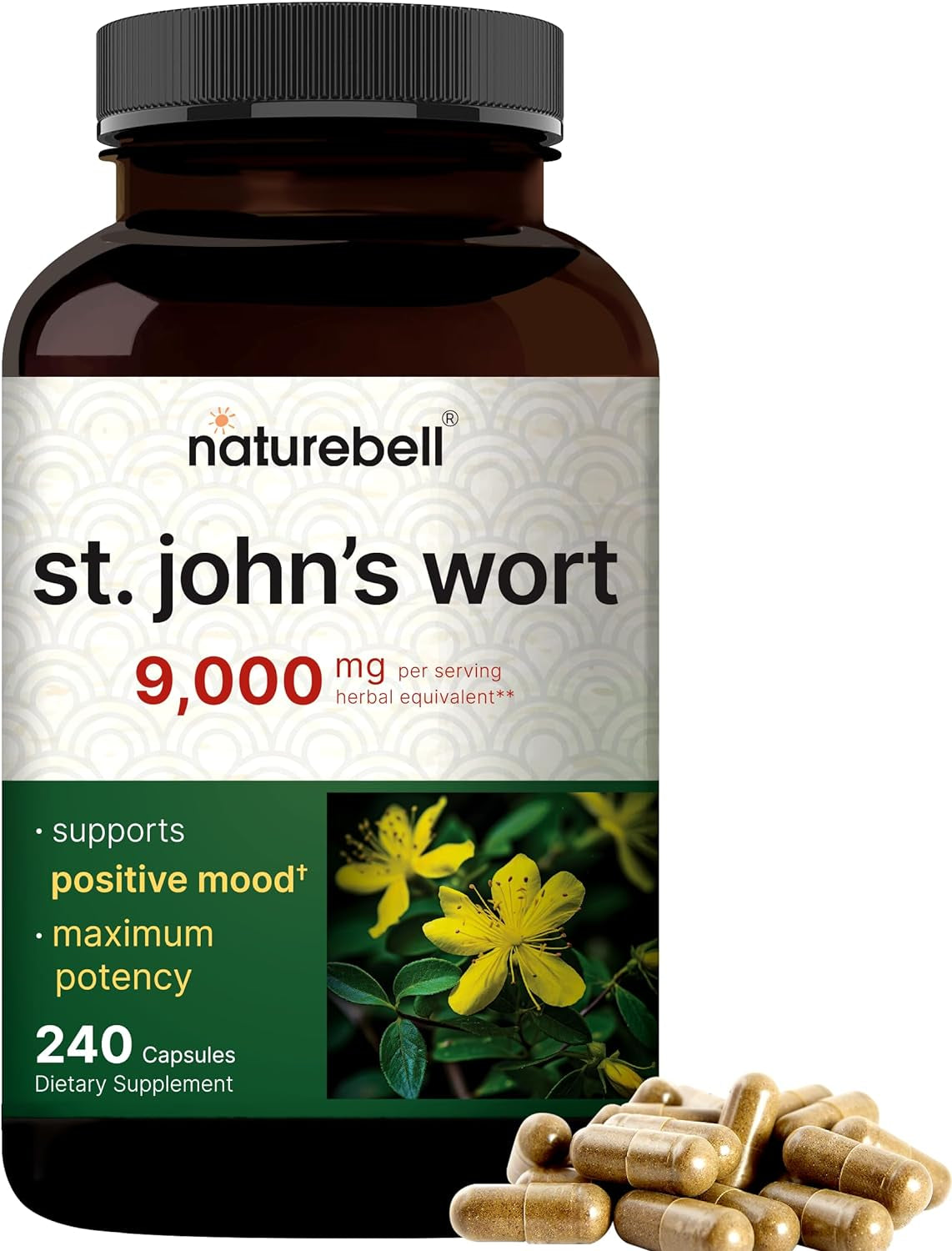 Naturebell St Johns Wort 9,000Mg per Serving, 240 Capsules | 15:1 Herbal Extract, North American Harvest, Rich in Hypericin – Positive Mood Support Supplement – St. John’S Wort – Non-Gmo