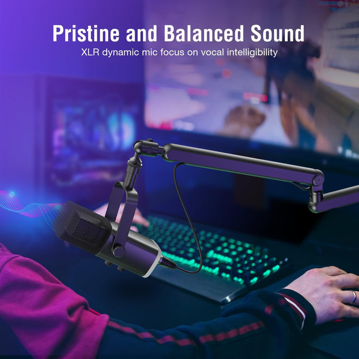 FIFINE Gaming Microphone and Low Profile Arm Stand Bundle, XLR/USB Dynamic Mic with Mute Button, RGB Light, Desktop Stand, Adjustable Boom Arm Kit with Screw Adapter for Streaming Studio (AM8+BM88)
