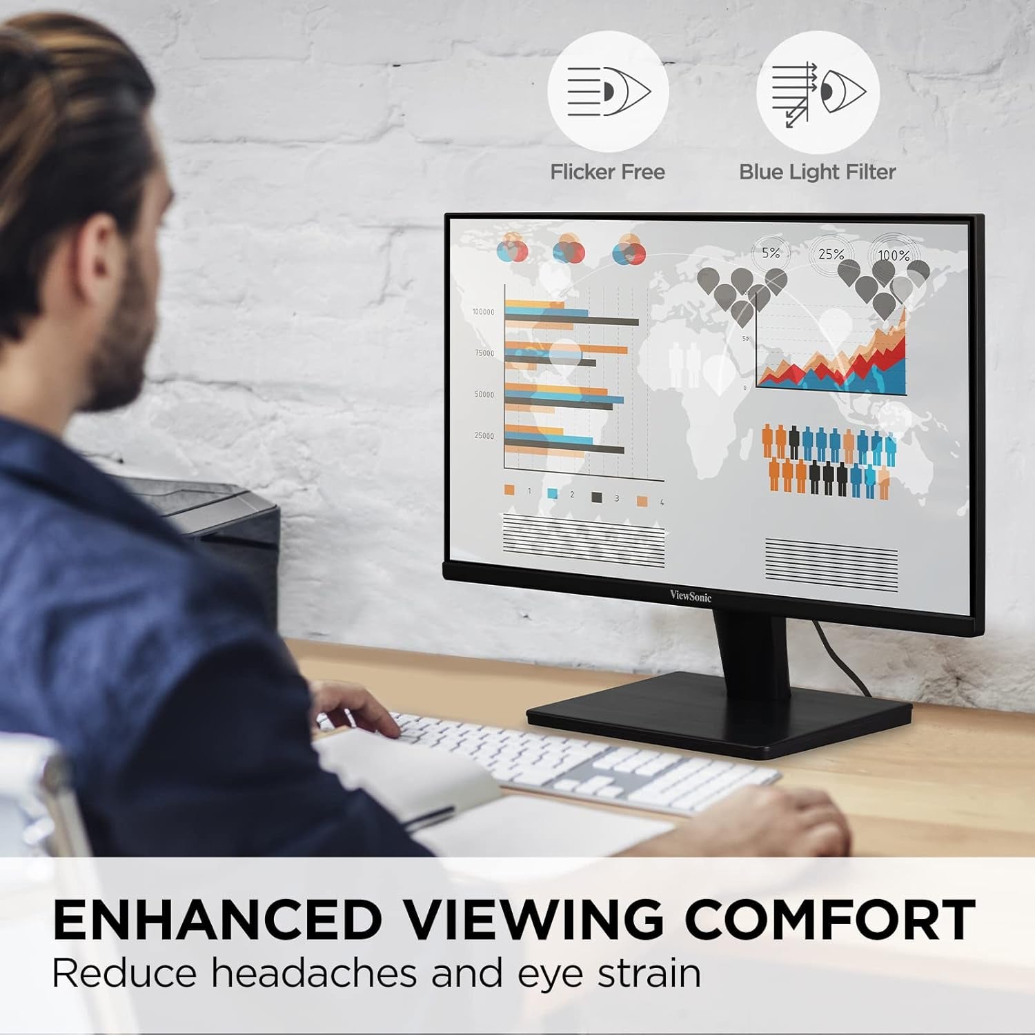 Viewsonic VS2447M 24 Inch 1080P Monitor with 75Hz, Freesync, Thin Bezels, Eye Care, HDMI, VGA Inputs for Home and Office