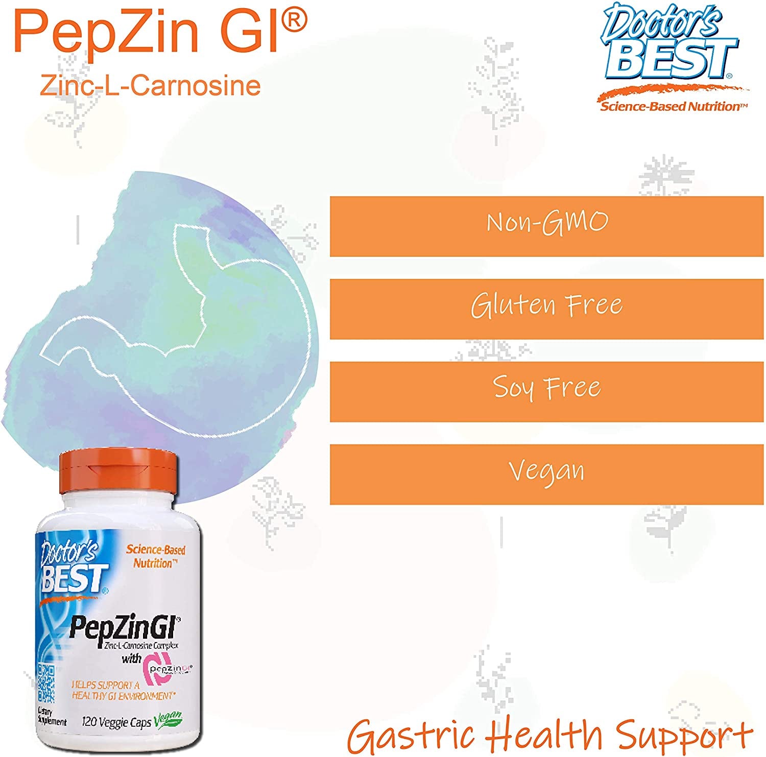 Doctor'S Best Pepzin GI, Zinc-L-Carnosine Complex, Non-Gmo, Vegan, Gluten Free, Soy Free, Digestive Support, 120 Veggie Caps