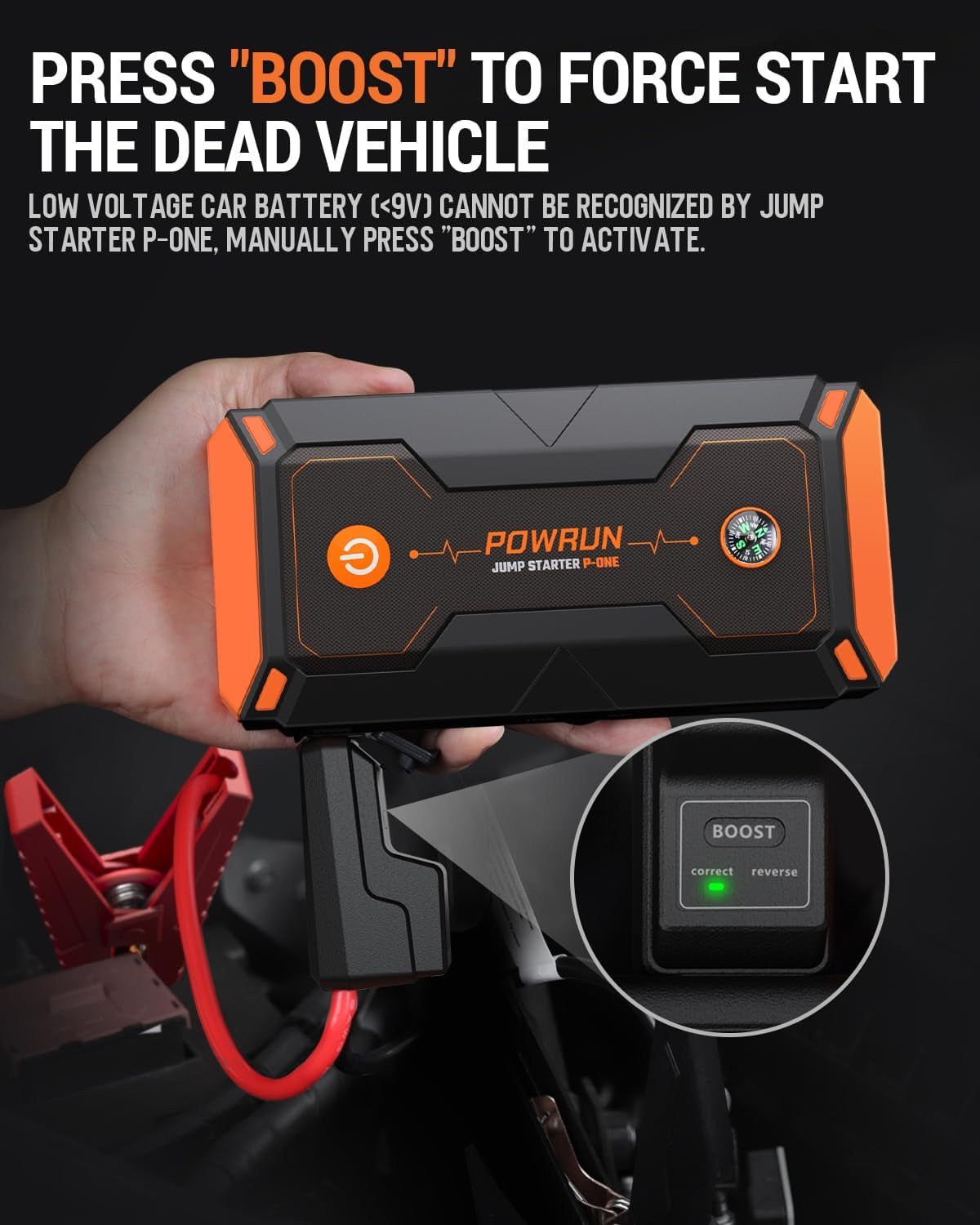 Powrun P-ONE Jump Starter, 2000A Portable Jump Box - Car Jump Starter Battery Pack for up to 8.0L Gas and 6.5L Diesel Engines, 12V Battery Jump Starter with Carry Case (Orange)