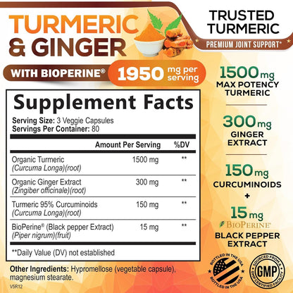 Turmeric Curcumin Supplement 1950Mg with Organic Turmeric & Ginger, 95% Curcuminoids, Bioperine Black Pepper for Best Absorption, Nature'S Vegan Joint Support, Non-Gmo, Bottled in USA - 240 Capsules