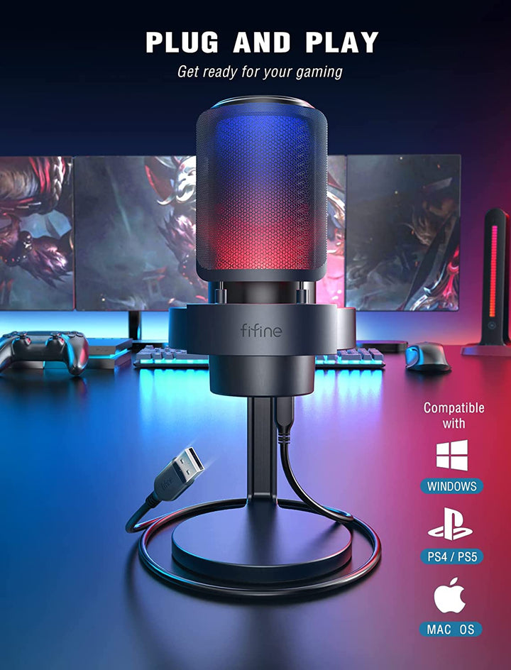 FIFINE Gaming Microphone, USB PC Mic for Streaming, Podcasts, Recording, Condenser Computer Desktop Mic on Mac, with RGB Control, Mute Touch, Headphone Jack, Pop Filter, Stand-Ampligame A8