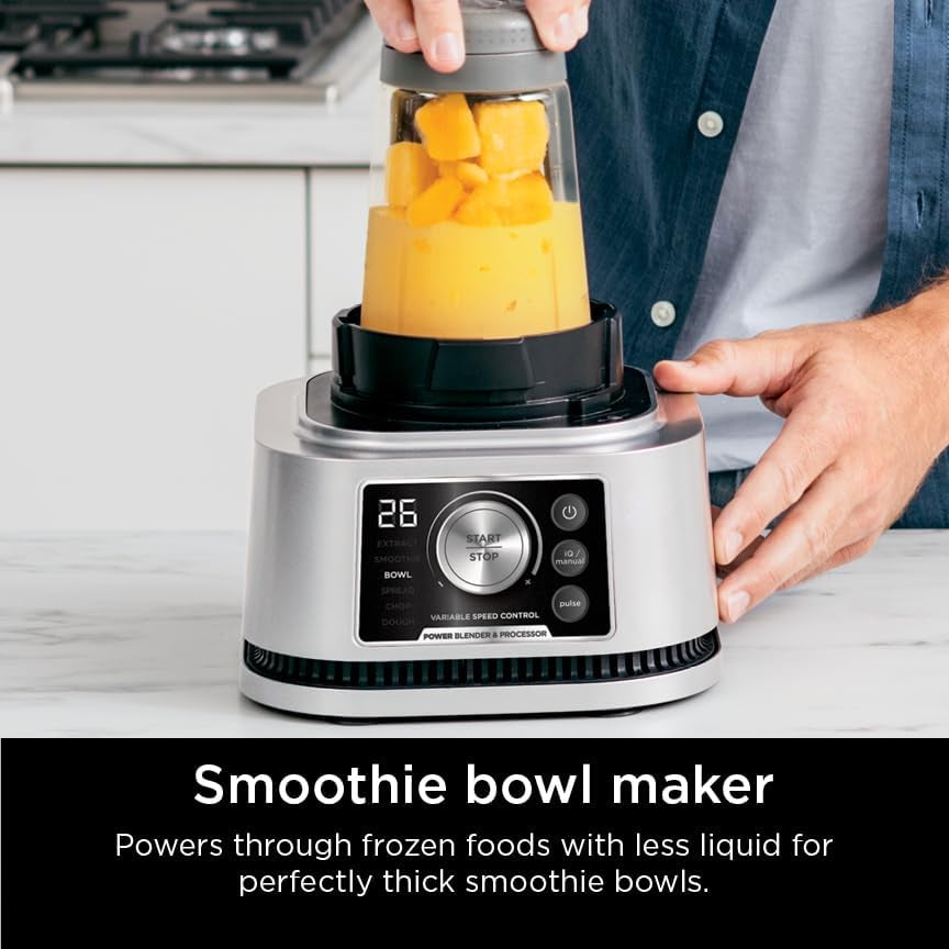 Ninja SS351 Foodi Power Blender & Processor System 1400 WP Smoothie Bowl Maker & Nutrient Extractor* 6 Functions for Bowls, Spreads, Dough & More, Smarttorque, 72-Oz.** Pitcher & To-Go Cups, Silver