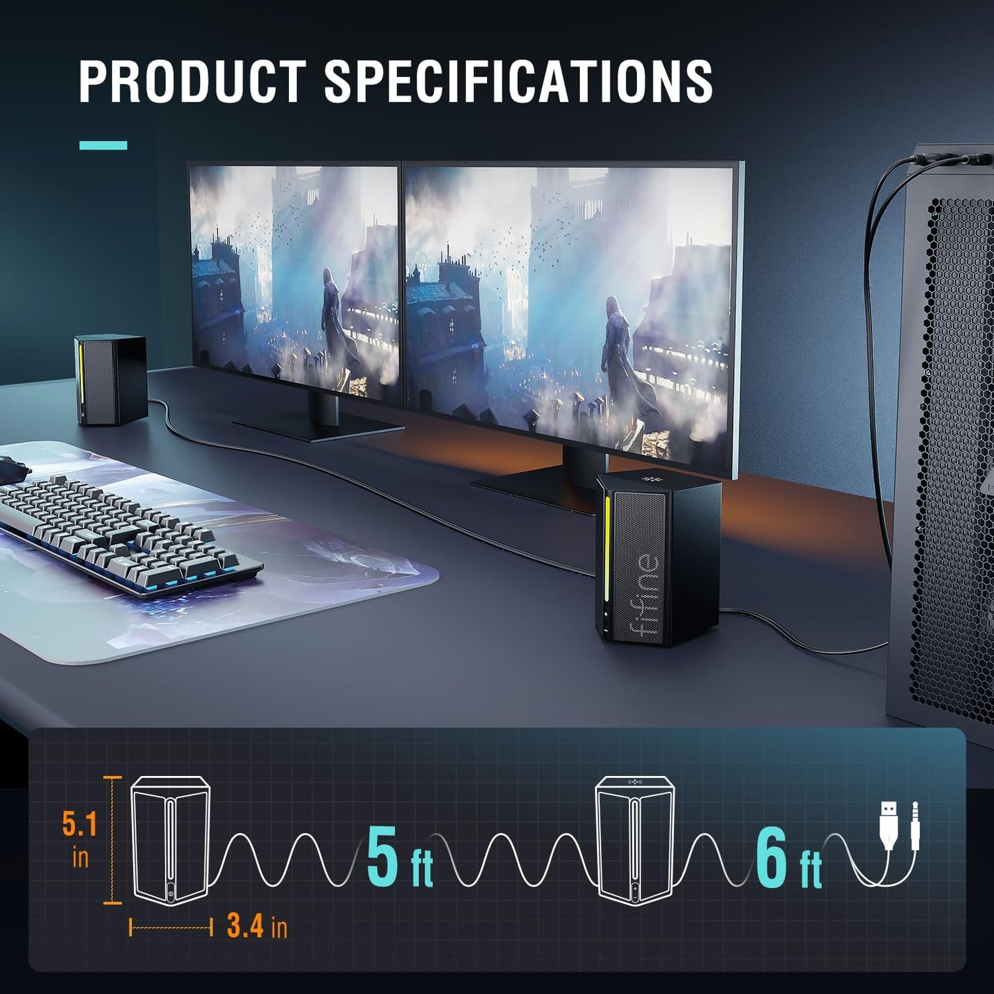FIFINE Computer Speakers, Desktop PC Speakers with Volume Control, RGB Gaming Loudspeakers Wired with 3.5Mm Aux Audio Cable for Laptop Monitor Phone Tablet-Ampligame A20