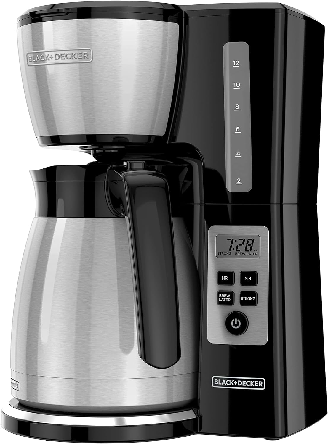 BLACK+DECKER 12 Cup Thermal Programmable Coffee Maker with Brew Strength and VORTEX Technology, Black/Steel