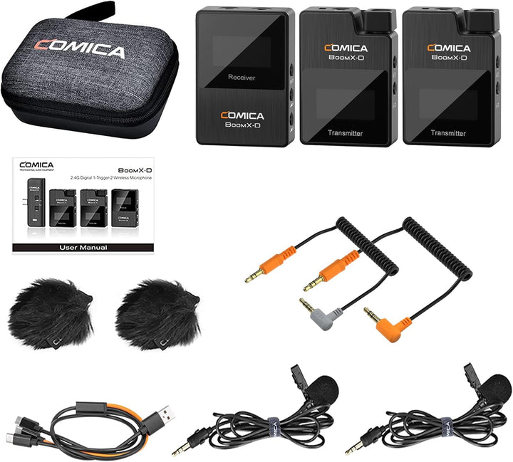 COMICA Boomx-D2 Wireless Lavalier Microphone, 2.4G Dual Lapel Mic with 2 Transmitters, Noise Cancellation, 656Ft Range, Compatible with Iphone, Android, Camera, for Youtube Video Recording Streaming