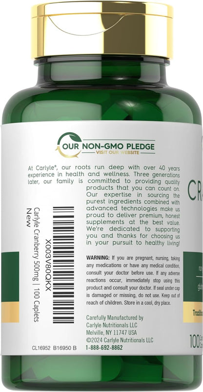 Carlyle Cranberry Pills | 500Mg | 100 Caplets | Non-Gmo, Gluten Free Supplement