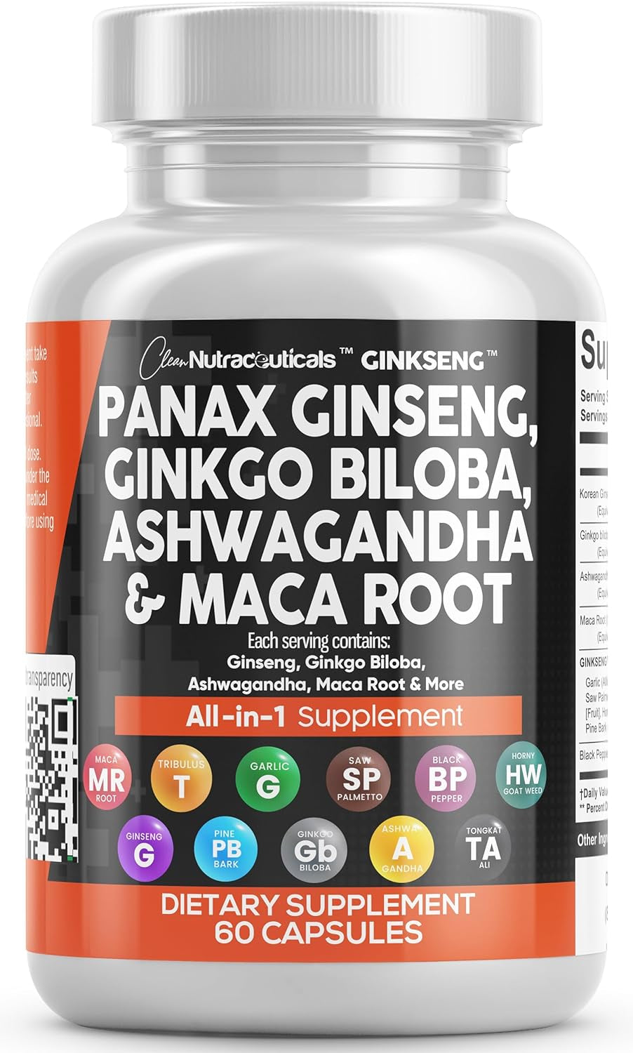 Clean Nutraceuticals Panax Ginseng 10000Mg Ginkgo Biloba 4000Mg Ashwagandha Maca Root 3000Mg - Focus Supplement Pills for Women and Men with Pine Bark Extract, Garlic, and Saw Palmetto - 60 Caps