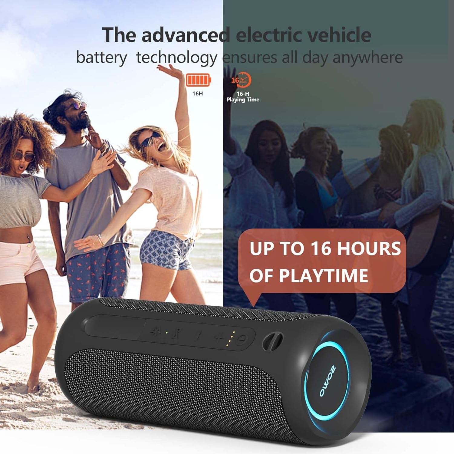 Portable Speaker, Wireless Bluetooth Speaker, IPX7 Waterproof, 25W Loud Stereo Sound, Bassboom Technology, TWS Pairing, Built-In Mic, 16H Playtime with Lights for Home Outdoor - Black