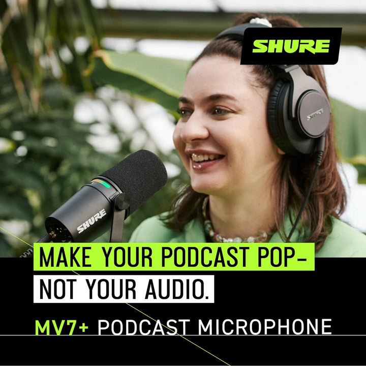 Shure MV7+ Podcast Dynamic Microphone. OBS Certified, Enhanced Audio, LED Touch Panel, USB-C & XLR Outputs, Auto Level Mode, Digital Pop Filter, Reverb Effects, Podcasting, Streaming, Recording -Black