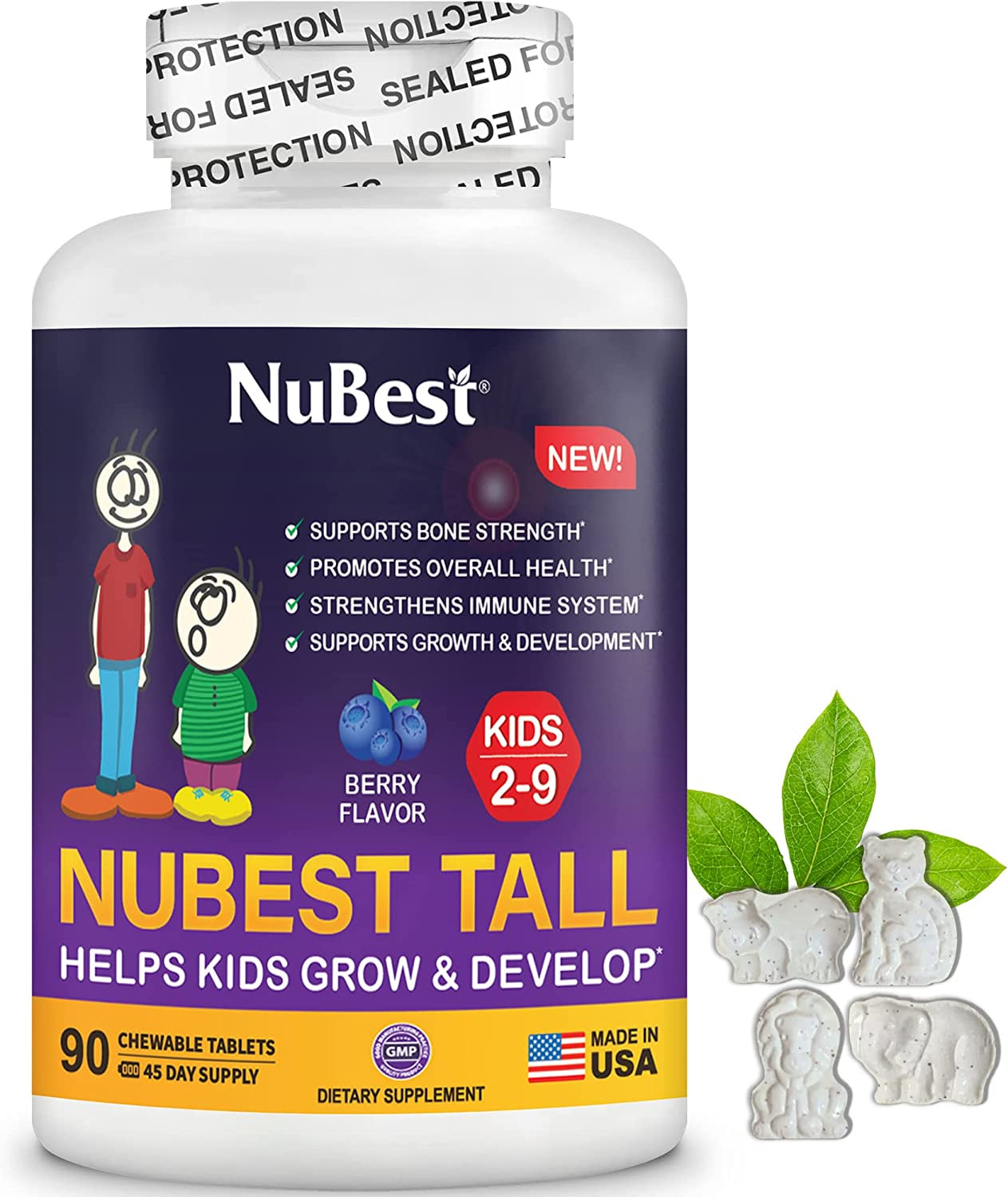 Nubest Tall Kids - Toddlers Vitamins and Kids Vitamins for Age 2 to 9 - Support Bone Strength, Overall Health and Immunity - Animal Shapes - 90 Chewable Berry Tablets | 1.5 Month Supply