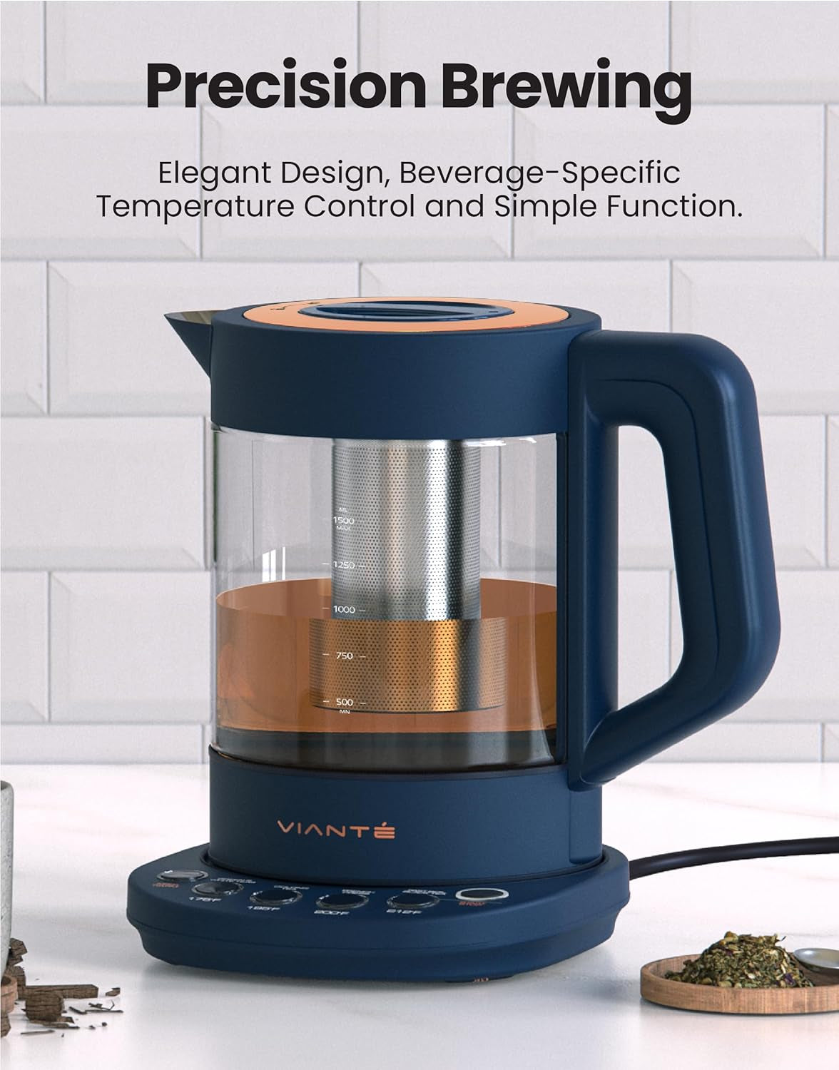 Vianté Electric Kettle with Tea Infuser for Loose Leaf Tea. Hot Tea Maker with Temperature Control and Automatic Shut Off. Tea Kettle with Brewing Programs. 1.5 Liters Capacity | Midnight Blue Color