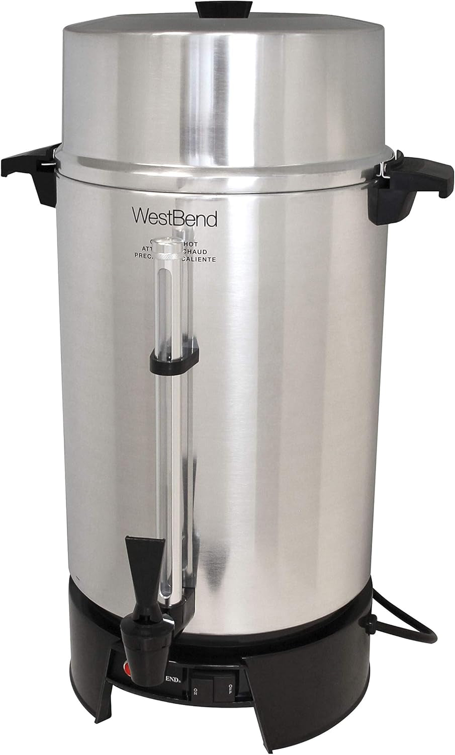 West Bend 33600 Coffee Urn Commercial Highly-Polished Aluminum NSF Approved Features Automatic Temperature Control Large Capacity with Fast Brewing and Easy Clean Up, 100-Cup, Silver