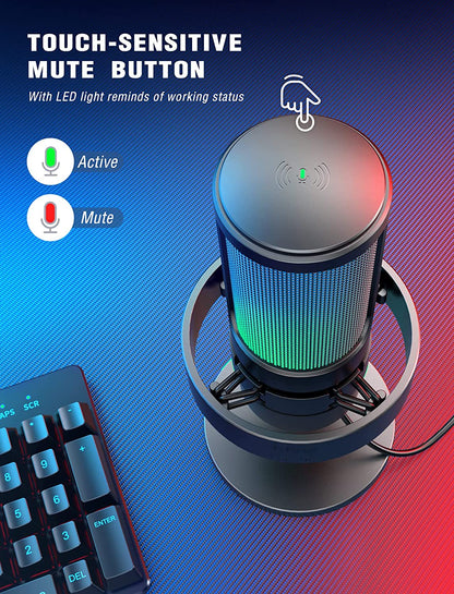 FIFINE Gaming Microphone, USB PC Mic for Streaming, Podcasts, Recording, Condenser Computer Desktop Mic on Mac, with RGB Control, Mute Touch, Headphone Jack, Pop Filter, Stand-Ampligame A8