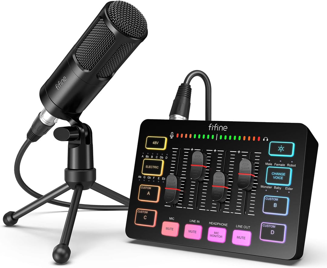 FIFINE Audio Equipment Bundle for Gaming Podcast, Streaming RGB Mixer Set with XLR Dynamic Vocal Microphone, Voice Recording Kit Set with Volume Fader, Individual Control, Mute, Monitoring-Ks3