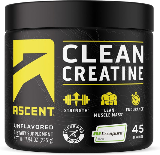 Ascent Clean Creatine Monohydrate Powder - 5G per Serving, Creapure Creatine Supplement - Unflavored, 45 Servings