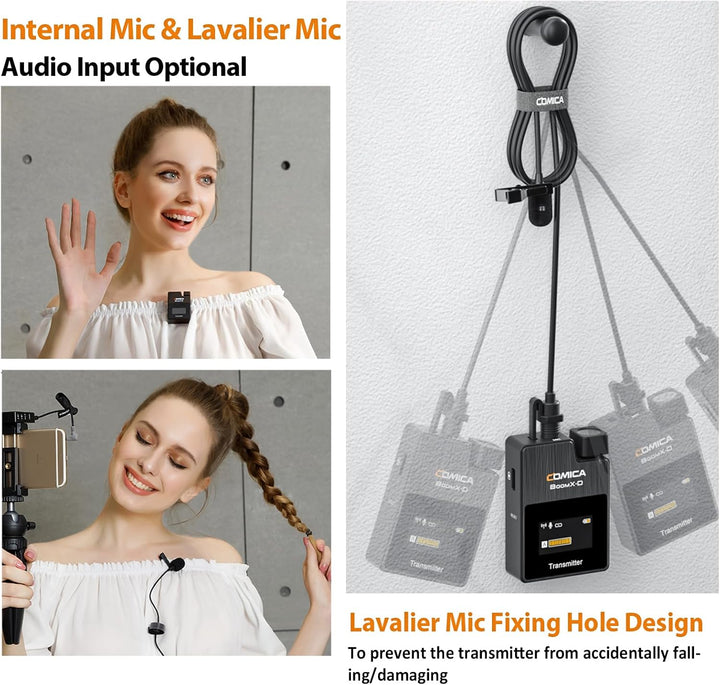 COMICA Boomx-D2 Wireless Lavalier Microphone, 2.4G Dual Lapel Mic with 2 Transmitters, Noise Cancellation, 656Ft Range, Compatible with Iphone, Android, Camera, for Youtube Video Recording Streaming